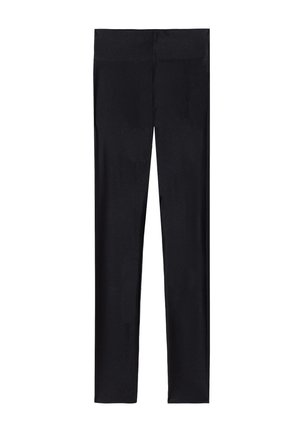 Schwarze Leggings aus dehnbarem Material; mit glatter Textur, ganzlänglichem Design und elastischem Bund ohne sichtbare Nähte.