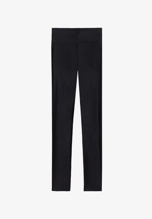 Leggings neri realizzati in tessuto elasticizzato; presentano una texture liscia, design a lunghezza intera e una cintura elasticizzata senza cuciture visibili.