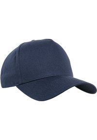 Gorra de béisbol azul marino hecha de una mezcla de algodón, con una corona redondeada, visera curvada y ojales cosidos para ventilación.