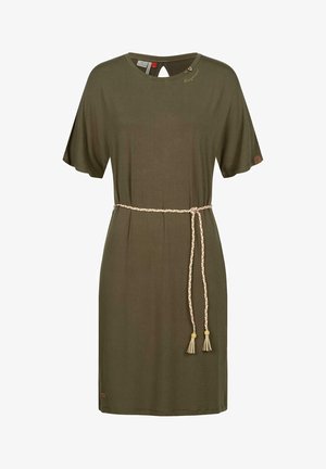 Olivgrünes Kleid mit kurzen Ärmeln, runder Ausschnitt, Schlitzdetail und einem geflochtenen Gürtel mit Quasten. Weicher Stoff mit minimalen Akzenten.