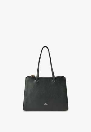 Sac cabas en cuir noir à texture grainée, avec double poignée, fermeture éclair et un logo discret à l'avant. Forme rectangulaire ; design élégant.