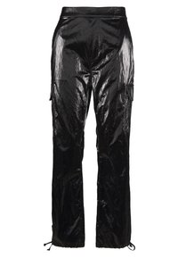Black, shiny cargo pants with a textured finish, featuring side pockets and adjustable drawstring hems. Straight-leg design.