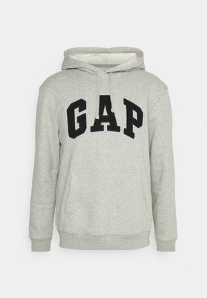 Gray hoodie made of cotton blend, featuring a front pocket, drawstring hood, and "GAP" logo in black on the chest. Standard fit.