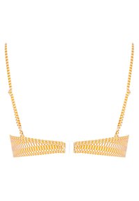 Top de bikini sin tirantes con un patrón de cuadros amarillos y blancos. Cuenta con tirantes ajustables de rayas delgadas y un cierre plateado en la parte delantera.