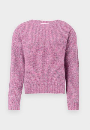Long-sleeve knitted sweater in a pink and lavender mixed yarn with ribbed collar, cuffs, and hem.