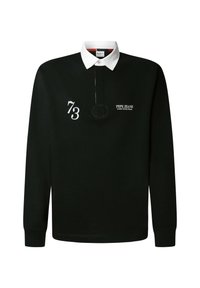 Polo de manga larga negro con cuello blanco, detalles de texto bordado y logo. Tejido suave con un diseño de ajuste clásico.