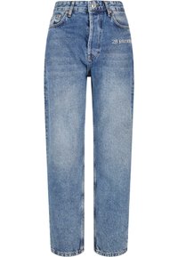 Jeans in denim azzurro chiaro con vita alta, design a gamba dritta e cuciture a contrasto. Presentano un logo ricamato sul davanti e cinque tasche classiche.