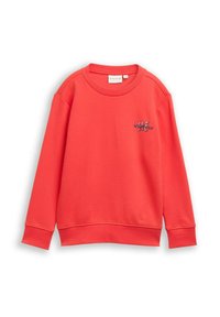 Koraalkleurige sweatshirt met ronde hals, lange mouwen, ribgebreide manchetten en zoom; beschikt over een klein geborduurd ontwerp op de borst. Zachte stoftextuur.