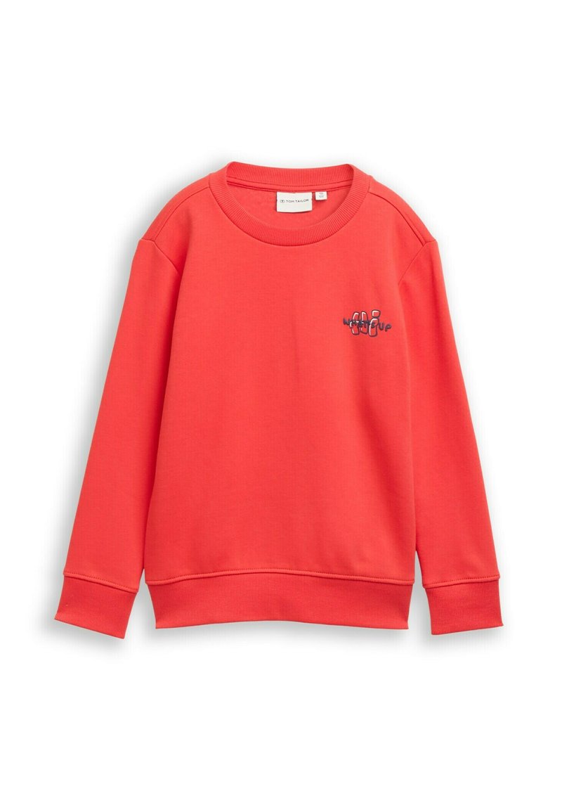 Koraalkleurige sweatshirt met ronde hals, lange mouwen, ribgebreide manchetten en zoom; beschikt over een klein geborduurd ontwerp op de borst. Zachte stoftextuur.