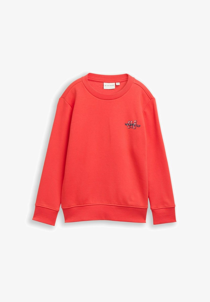 Koraalkleurige sweatshirt met ronde hals, lange mouwen, ribgebreide manchetten en zoom; beschikt over een klein geborduurd ontwerp op de borst. Zachte stoftextuur.