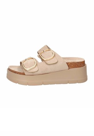Sandalo beige con zeppa con due cinturini regolabili con grandi fibbie dorate e suola in sughero.