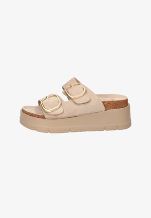 Sandalo beige con zeppa con due cinturini regolabili con grandi fibbie dorate e suola in sughero.