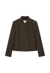 Braune doppelte Brustjacke mit Schalkragen, langen Ärmeln und schwarzen Knöpfen. Hergestellt aus strukturiertem Stoff mit einer taillierten Passform.