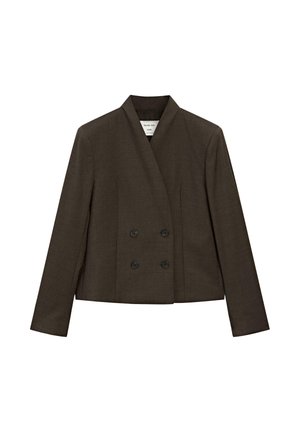 Braune doppelte Brustjacke mit Schalkragen, langen Ärmeln und schwarzen Knöpfen. Hergestellt aus strukturiertem Stoff mit einer taillierten Passform.