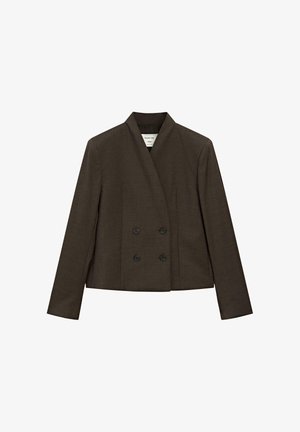 Brązowa podwójnie zapinana marynarka z kołnierzem typu szal, długimi rękawami i czarnymi guzikami. Wykonana z teksturowanej tkaniny o dopasowanym kroju.