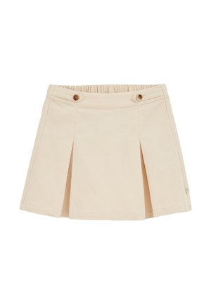 Gonna short plissè in beige chiaro, realizzata in tessuto testurizzato. Presenta un elastico in vita e due bottoni decorativi sul davanti.