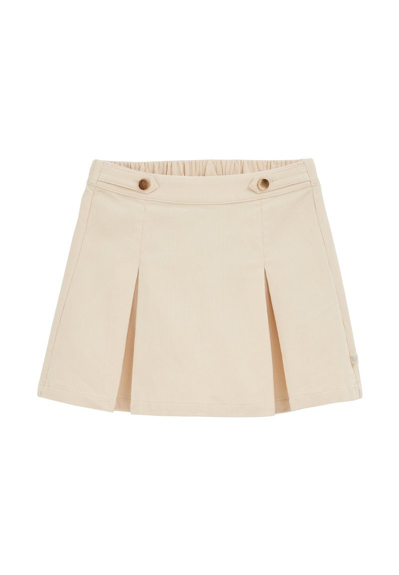 Jupe-culotte plissée en beige clair, fabriquée en tissu texturé. Dotée d'une taille élastique et de deux boutons décoratifs à l'avant.
