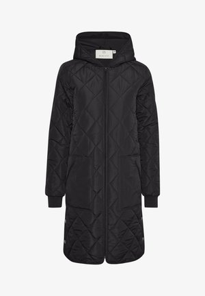 Black quilted long coat with a hood, zip closure, two front pockets, and ribbed cuffs. Soft, textured fabric with diamond pattern accents.