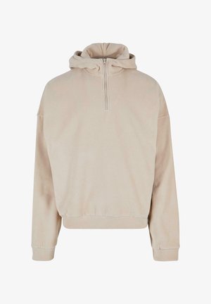 Beige hooded sweatshirt met een halve rits aan de voorkant, losse pasvorm en ribgebreide manchetten. Gemaakt van zachte, gestructureerde stof, met een minimalistisch ontwerp.