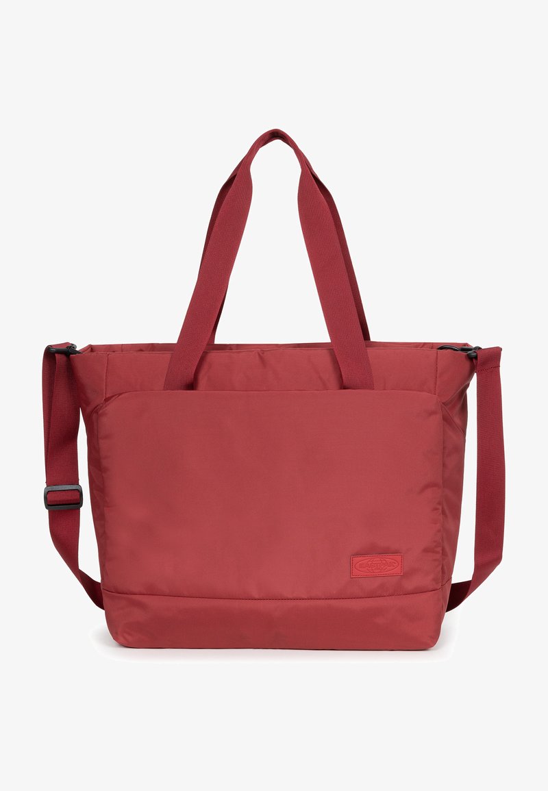 Rote Nylon-Tote-Tasche mit doppelten Obergriffen und einem abnehmbaren Schultergurt. Verfügt über eine glatte Textur und ein kleines Logo-Patch an der Seite.