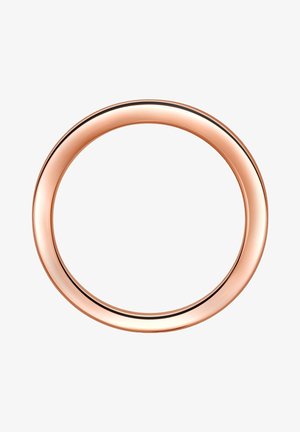 Rosenfarvet cirkulær armbånd med en glat, reflekterende overflade, der har en subtil sort accent, der strækker sig langs den indre kant.