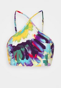 Top de bikini halter colorido com um padrão floral em aquarela. Material leve com uma textura suave. Design de alças cruzadas nas costas.