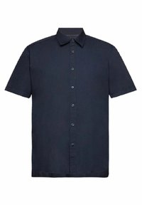 Korte mouwen marineblauw overhemd met knopen en een klassieke kraag, met zeven zichtbare knopen aan de voorkant.