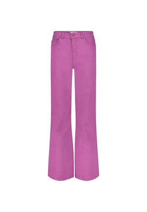 Roze flared jeans van denim, met een voorknopsluiting, vijf zakken en een gladde, onbewerkte textuur.