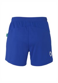 Blaue Sportshorts mit elastischem Bund, glatter Textur und einem weißen Logo an der unteren rechten Seite. Leichtes, atmungsaktives Material.