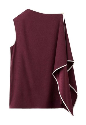 Top burgund, fără mâneci, realizat dintr-un material texturat, cu margini albe. Prezintă un design drapat în partea din spate.