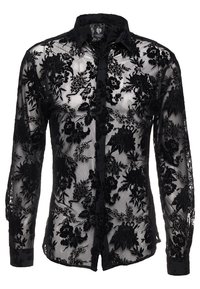 Camicia nera trasparente con bottoni, caratterizzata da intricate trame di pizzo floreale, maniche lunghe e colletto classico. Tessuto testurizzato con un design leggero.