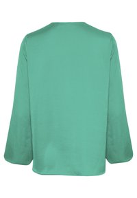 Blusa turchese caratterizzata da una texture liscia, maniche ampie e un orlo arrotondato. Il design è minimal e privo di decorazioni visibili.