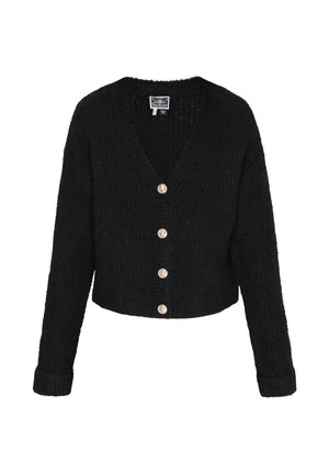 Schwarze, verkürzte Strickjacke aus strukturiertem Material mit V-Ausschnitt, langen Ärmeln und goldfarbenen Knöpfen entlang der Vorderseite.