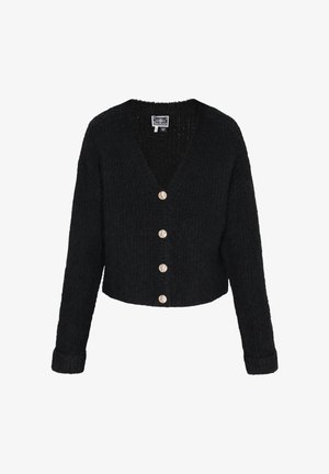 Melna īsa kardigāna virsjaka ar teksturētu adījumu, ar V-veida kakla izgriezumu, garām piedurknēm un zelta tonī pogām gar priekšpusi.
