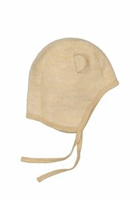 Beigen värinen villainen vauvan hattu korvaläpillä, pyöreällä päällä ja nauhoilla, jotka takaavat hyvän istuvuuden. Pehmeä tekstuuri ja saumaton muotoilu, jossa pieni koriste sivulla.