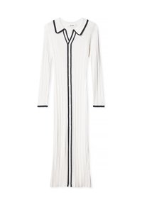 Valkoinen ribattu pitkähihainen midi-mekko mustilla reunuksilla kauluksessa, napitettavassa etuosassa ja hihoissa. Mekossa on terävä kaulus ja nappikiinnitys.