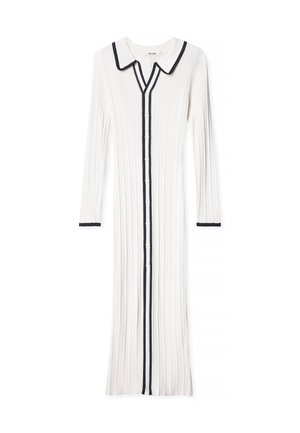 Witte geribbelde midi-jurk met lange mouwen en zwarte afwerking op de kraag, knoopsluiting en manchetten, met een puntkraag en knoopsluiting.