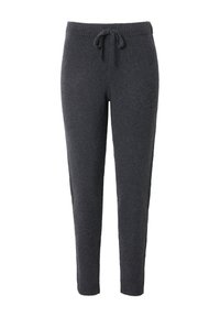 Dunkelgraue Fleece-Sweatpants mit elastischem Bund und Kordelzug. Schmal zulaufende Beine und eine weiche, strukturierte Oberfläche.