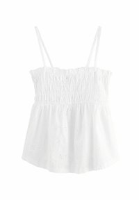 Witte mouwloze top met een gescharrelde bustier, voorzien van oogje-patronen en dunne verstelbare spaghettibandjes, gemaakt van een lichte katoen stof.