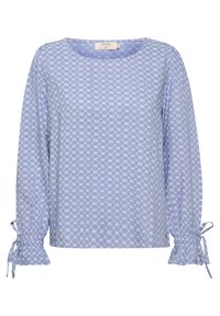 Blusa azzurra chiara realizzata in tessuto morbido, con un motivo geometrico bianco, maniche lunghe con polsini arricciati e scollatura rotonda.