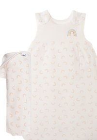 Baumwoll-Schlafsack in weichem Creme mit pastellfarbenen Regenbogenmustern und Knopfverzierungen an den Schultern. Inklusive passender Decke.