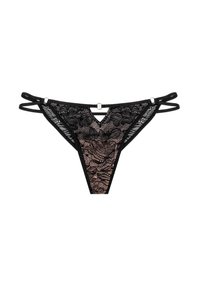 Schwarzer Spitzen-Thong mit floralem Muster, der vorne V-förmig ist und Tragelemente aufweist. Enthält metallische Ringakzente für zusätzlichen Detail.