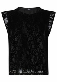 Top in pizzo nero con motivo floreale, scollatura rotonda e maniche corte. Realizzato in pizzo trasparente con finitura testurizzata.