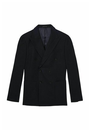 Dubbel doorgebonden marineblauwe blazer van gestructureerde stof, met twee voorzakken en gekartelde revers. Voering met subtiele glans.