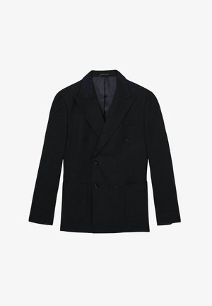 Sininen kaksirivinen bleiseri, joka on valmistettu teksturoidusta kankaasta, ja siinä on kaksi etutaskua sekä vekilliset läpinäkyvät kaulukset. Vuorattu sisustus, jossa on hienoinen kiilto.