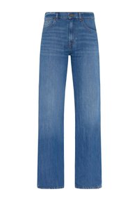 Jeans in denim blu a gamba larga, caratterizzati da un classico design a cinque tasche, chiusura con bottone e lavaggio chiaro con sfumature leggere per un aspetto texturizzato.