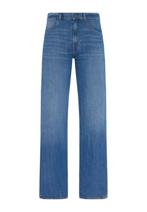 Wide-leg blue denim jeans featuring a classic five-pocket design, a button closure, and light wash with subtle fading for a textured appearance.