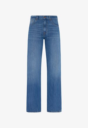 Weite blaue Denim-Jeans mit einem klassischen Fünf-Taschen-Design, einem Knopfverschluss und einer hellen Waschung mit dezenten Verblasungen für ein strukturiertes Erscheinungsbild.