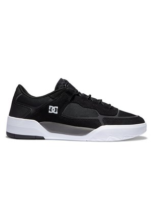 Black athletic shoe with a mesh and suede upper, featuring a white midsole and black outsole, detailed with a side logo accent.