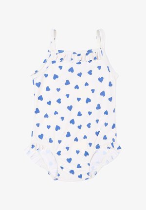 Biały jednoczęściowy strój kąpielowy dla malucha z niebieskimi wzorami serc, cienkimi ramiączkami i falbanką na dekolcie oraz nogawkach.